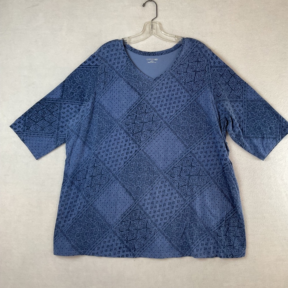 Catherines 1X 18/20W Blue Patchwork Paisley V-Neck Elbow Sleeve Top